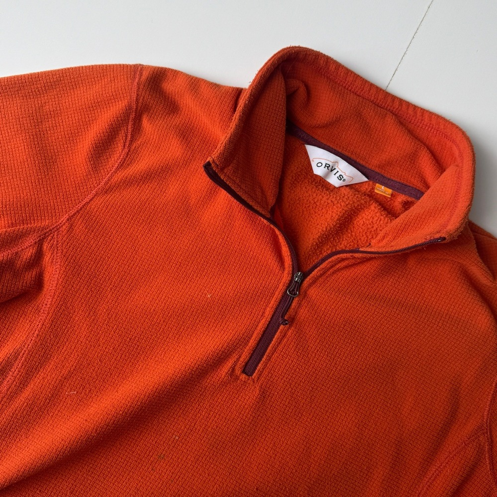 Orvis Mens Quarter Zip Waffle Knit Fleece Pullover Burnt Orange Large Pockets